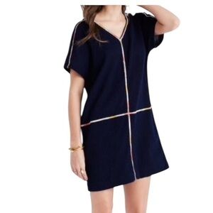 Madewell Navy Blue V-Neck Shift Dress cotton w/multicolor embroidered detail